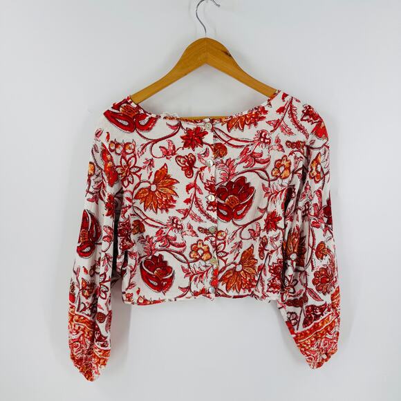 Nicole Miller Linen Blend Blouse Small Boho Floral Print Long Sleeve Top Small - Picture 2 of 6